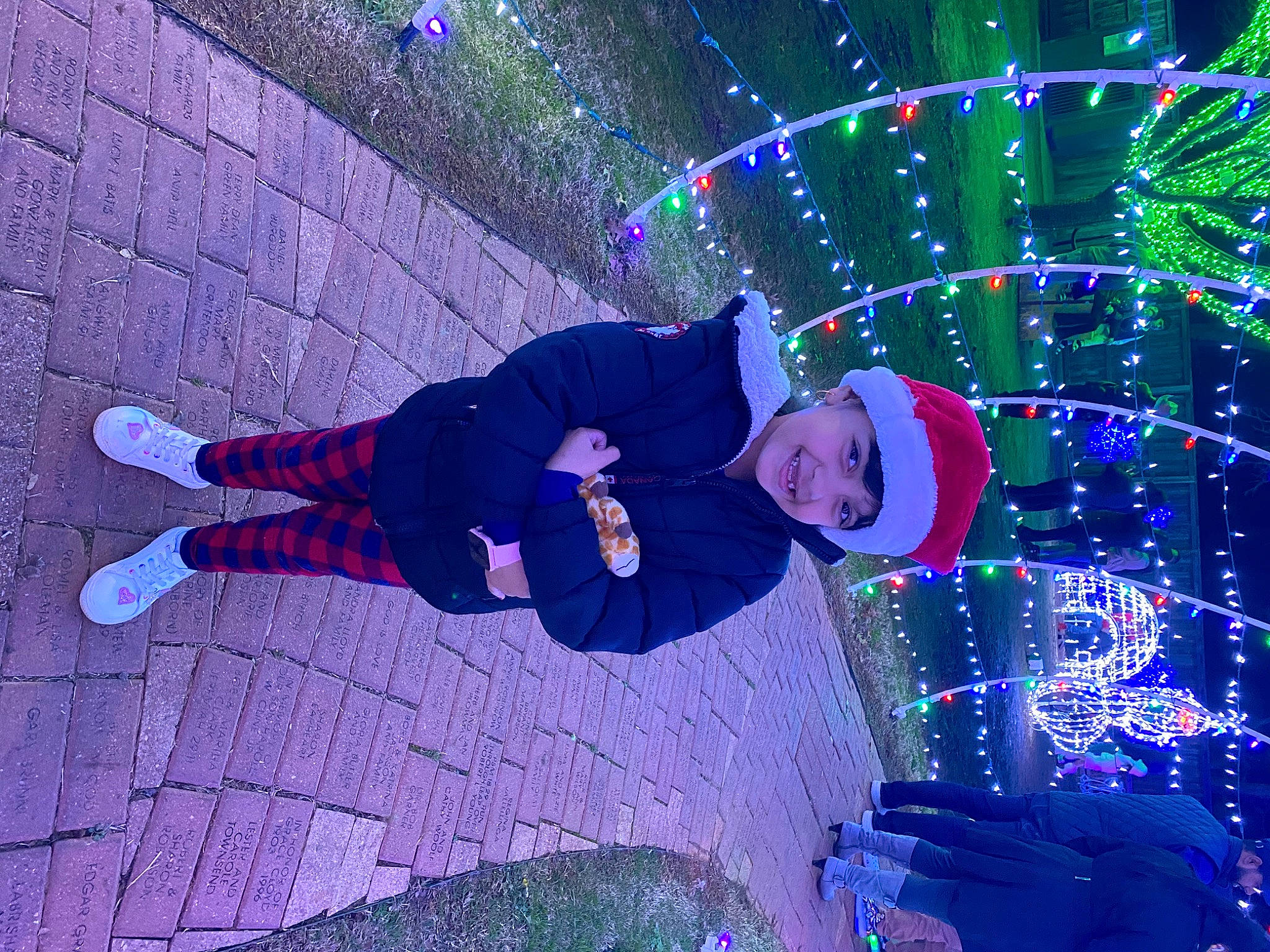 Natalie joined the competition — help win amazing prizes! christmas_decoration, christmas_lights, electric_blue, electricity, entertainment, event, fun, headwear, holiday, interior_design, joy, magenta, night, ornament, person, plant, purple, smile, space, toddler