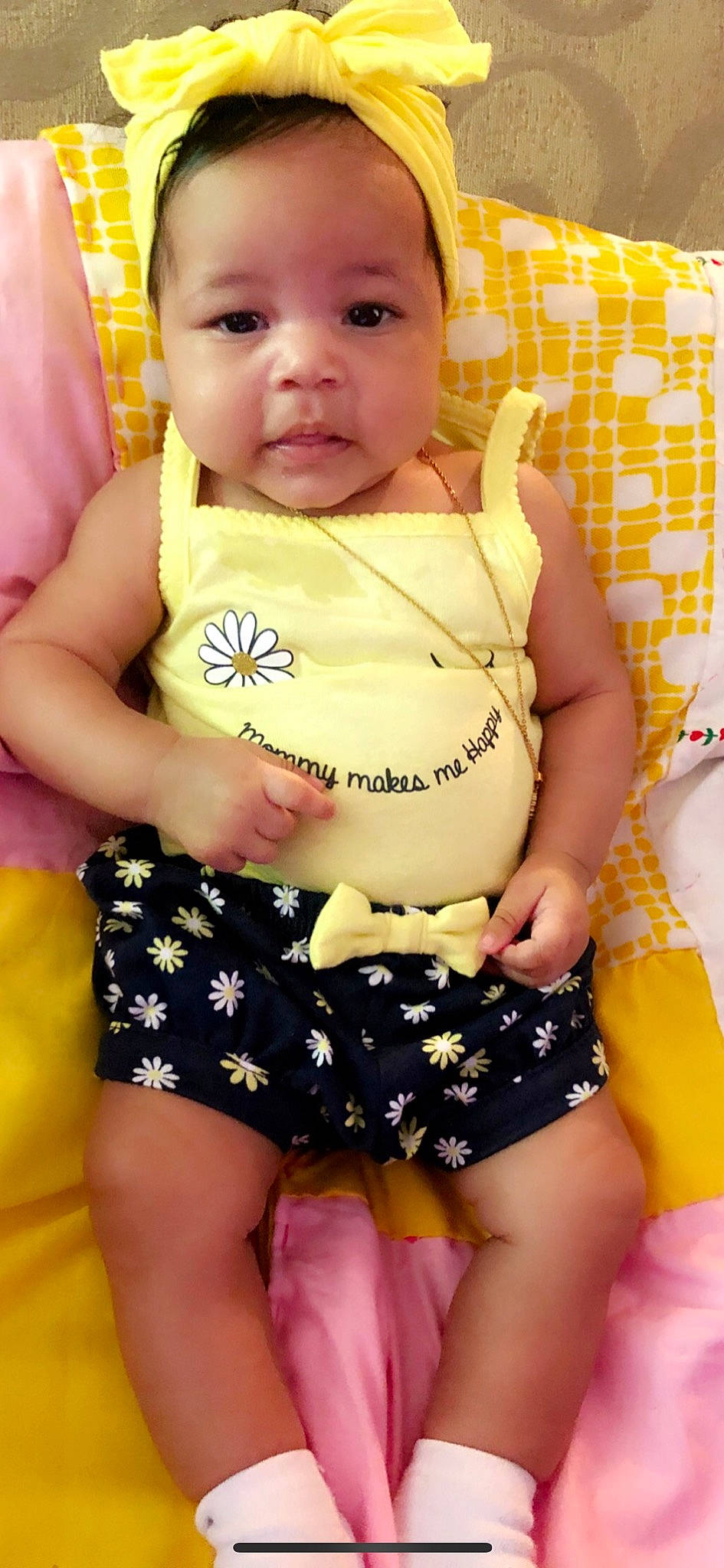 Kalie joined the competition — help win amazing prizes! baby, baby_products, baby_toddler_clothing, child, person, smile, thigh, toddler, yellow