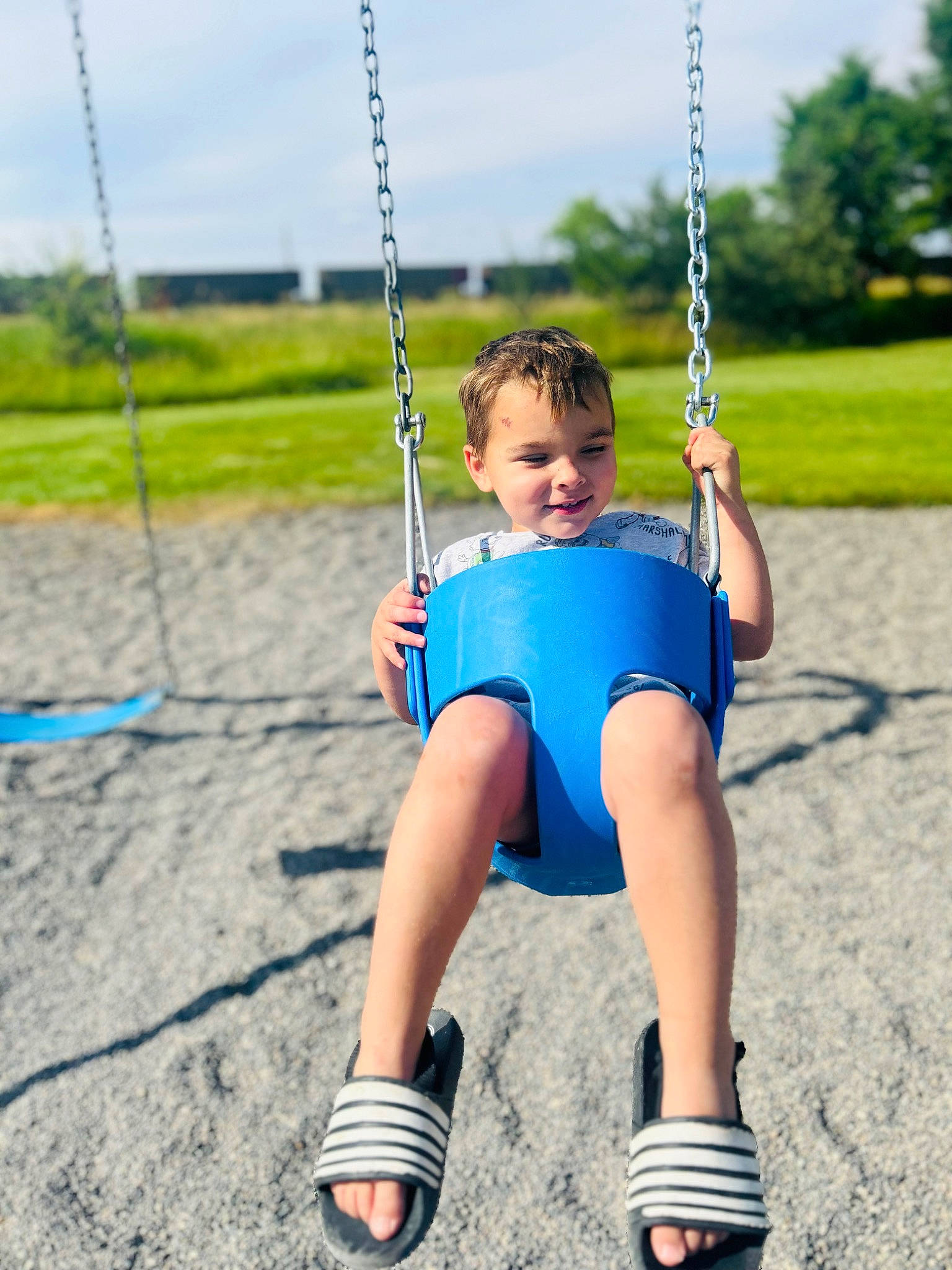 Cohen is registered to the contest to win money with this photo: arm, city, face, facial_expression, finger, grass, hand, happy, human_body, joy, leisure, person, photograph, plant, playground, recreation, sky, summer, swing, toddler