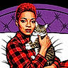 Miss Lily joined the competition — help win amazing prizes! animal, calm, cat, checkered_shirt, face, feline, hand, holding_cat, human, illustration, patterned_clothing, person, pop_art, portrait, purple_background, red_hair, sitting, stylized_art, tabby_cat, white_couch