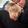 Artemis a rejoint le concours — aidez-le/la à gagner de superbes lots ! affection, animal, black_clothing, brown_dog, close_up, comfort, companion, cozy, cuddle, dog, face, friendship, indoor, love, person, pet, portrait, relaxed, snuggling, warmth