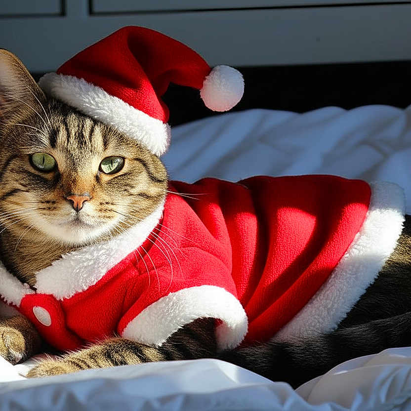 Thaël participe au concours pour gagner de l'argent avec cette photo : adorable, animal, bed, cat, christmas_costume, costume, cute, domestic_animal, feline, fur, green_eyes, holiday, indoor, pet, portrait, resting, santa_hat, sunlight, tabby, white_bedding