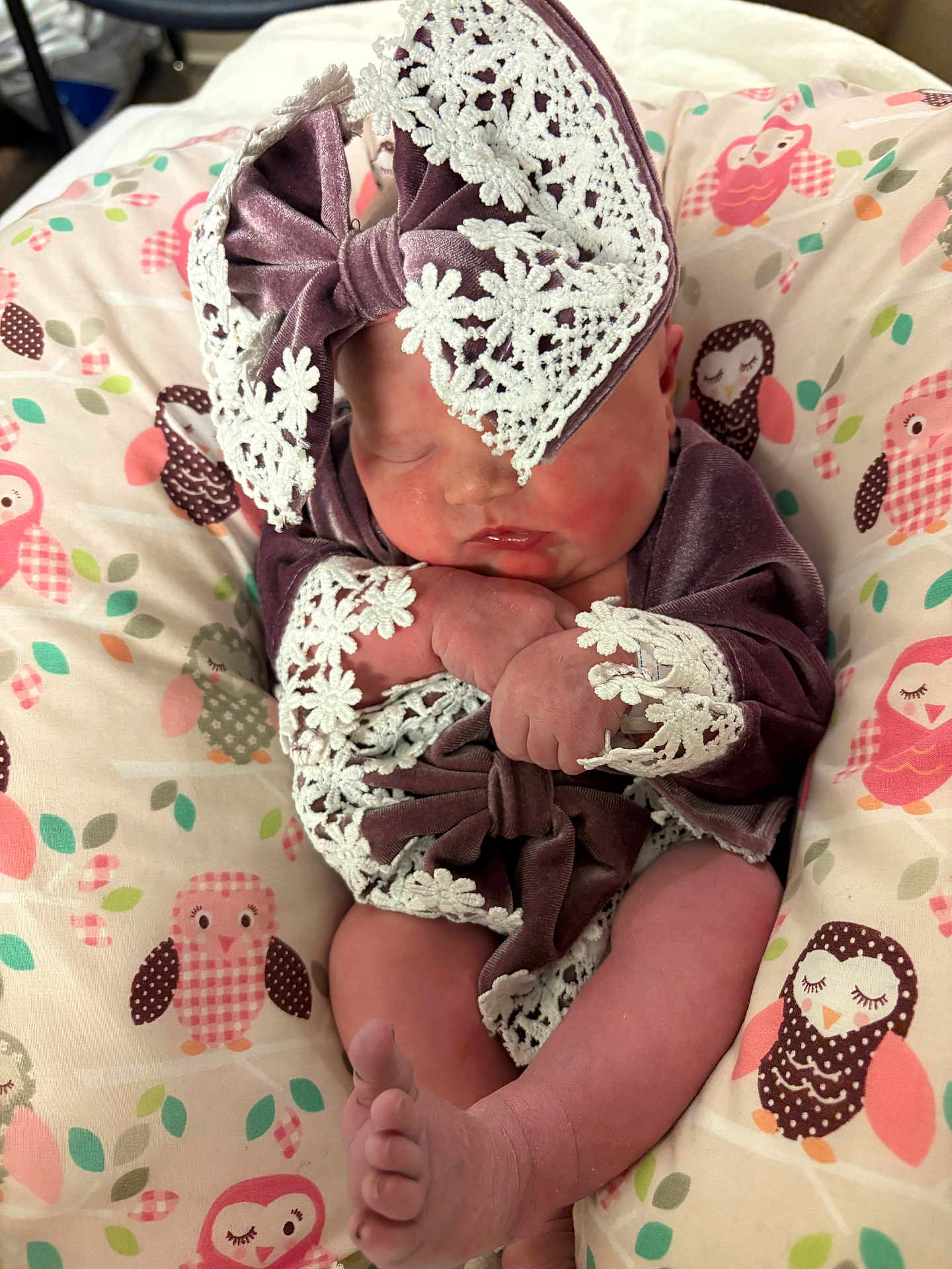 Harper is registered to the contest to win money with this photo: baby, newborn, sleeping, velvet, lace, bow, infant, cushion, pattern, owl, foot, hand, pink, purple, clothing, cute, soft, resting, portrait, indoor