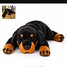 dog, plush_toy, stuffed_animal, black_and_orange, lying_down, front_view, toy, white_background, product_photo, indoor, phone_screenshot, web_browser, website, thumbnail, text, orange_paws, black_fur, cute, stationary, commercial_image
