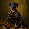 dog, doberman, pet, portrait, sitting, black_and_tan, floppy_ears, open_mouth, tongue, collar, cape, costume, ornate, regal, royal, dramatic_lighting, painted_background, indoor, studio, watermark