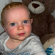 Leeroy Raffy participe au concours pour gagner de l'argent avec cette photo : baby, child, teddy_bear, plush_toy, blue_eyes, pajamas, hand, face, indoor, soft_toy, cute, portrait, infant, person, toy, childhood, smiling, skin, baby_clothes, close_up