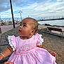 baby, bench, boats, child, clouds, curious, dress, earrings, frills, hand, outdoor, person, pink, portrait, promenade, seaside, sky, stone_wall, support, waterfront