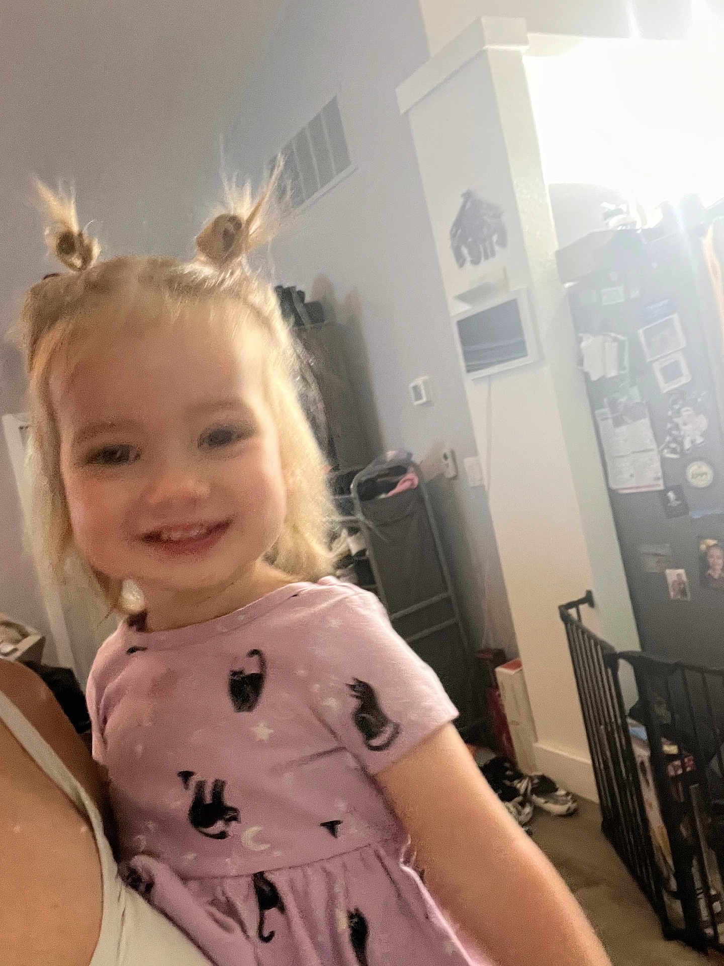 Hannah is registered to the contest to win money with this photo: toddler, child, smile, hair, pigtails, dress, purple, cats, indoor, home, furniture, refrigerator, shoes, gate, person, face, happy, clothing, floor, wall