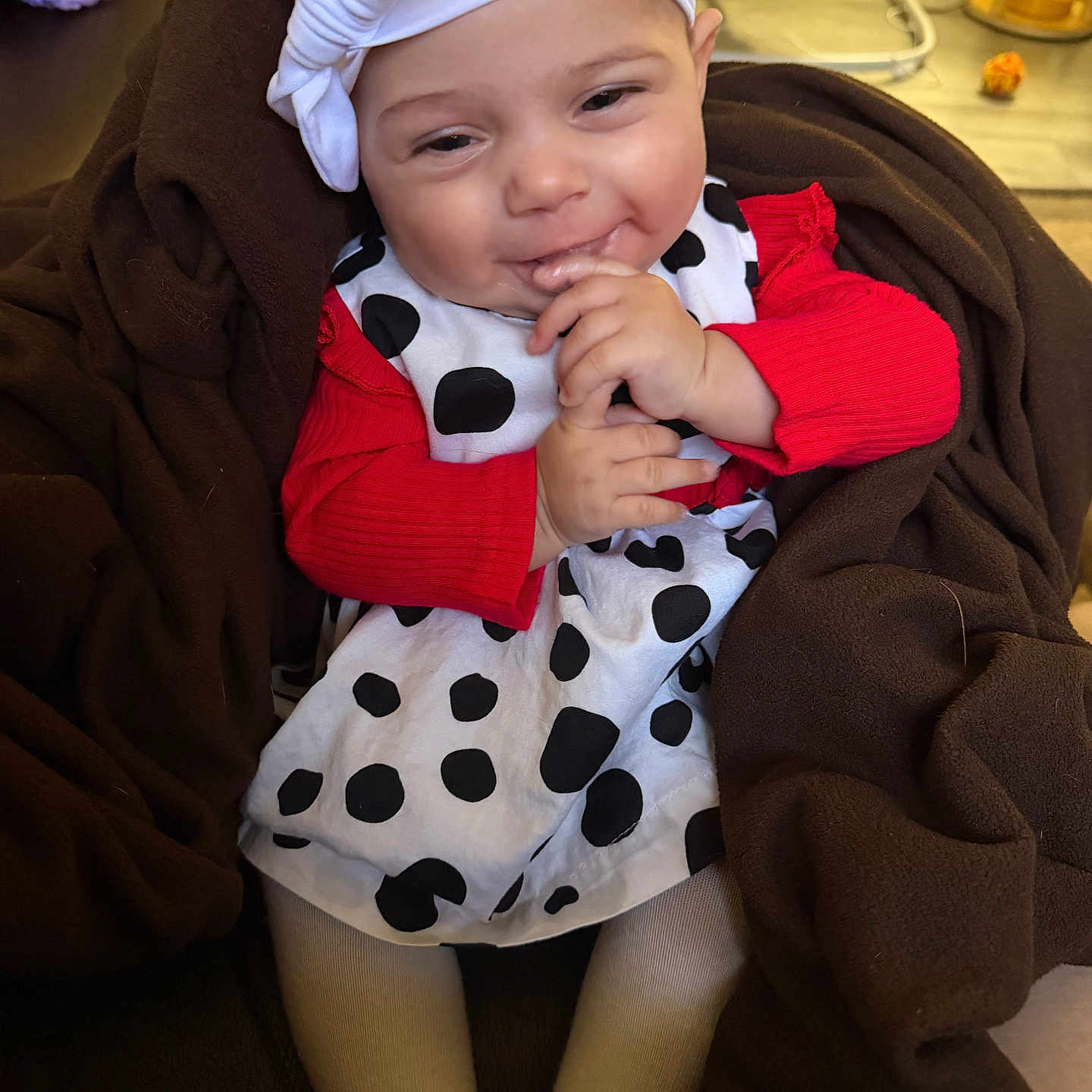 Rachael is registered to the contest to win money with this photo: baby, baby_rocker, blanket, bow, brown_blanket, child, couch, cozy, face, hands, happy, headband, indoor, infant, polka_dot_dress, portrait, red_sweater, sitting, smiling, toy