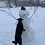 dog, black_dog, snowman, snow, winter, outdoor, trees, branches, hat, playful, animal, snowy_field, cold, recreation, nature, pet, canine, winter_clothing, fun, daytime