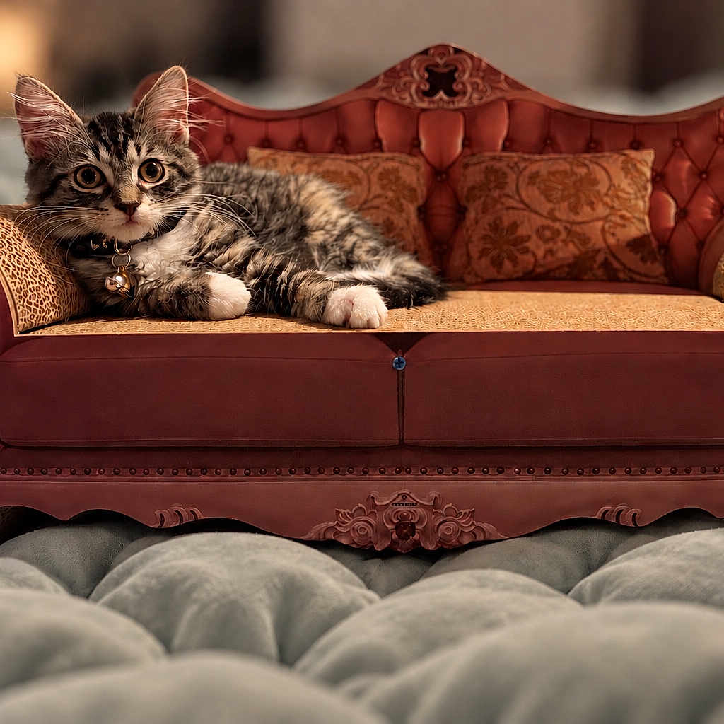 Nova joined the competition — help win amazing prizes! animal, bell, cat, collar, couch, eyes, feline, fluffy, fur, indoor, kitten, lying_down, ornate, pet, portrait, royal, sitting, sofa, vintage, whiskers