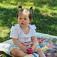 Lake joined the competition — help win amazing prizes! toddler, child, baby, grass, outdoor, tree, quilt, colorful, pigtails, pink_egg, yellow_egg, orange_egg, sunlight, summer, nature, sitting, playing, cute, portrait, happy