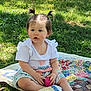 toddler, child, baby, grass, outdoor, tree, quilt, colorful, pigtails, pink_egg, yellow_egg, orange_egg, sunlight, summer, nature, sitting, playing, cute, portrait, happy