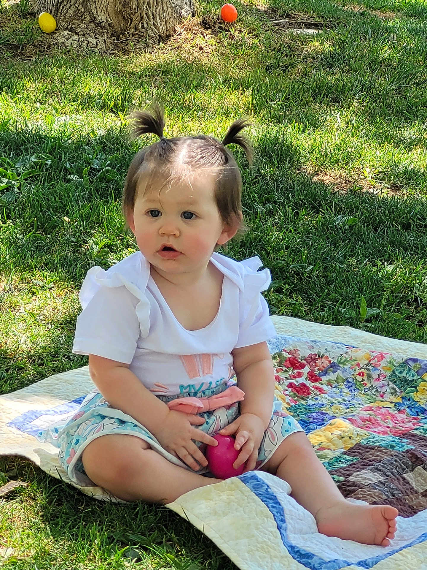 Lake joined the competition — help win amazing prizes! toddler, child, baby, grass, outdoor, tree, quilt, colorful, pigtails, pink_egg, yellow_egg, orange_egg, sunlight, summer, nature, sitting, playing, cute, portrait, happy