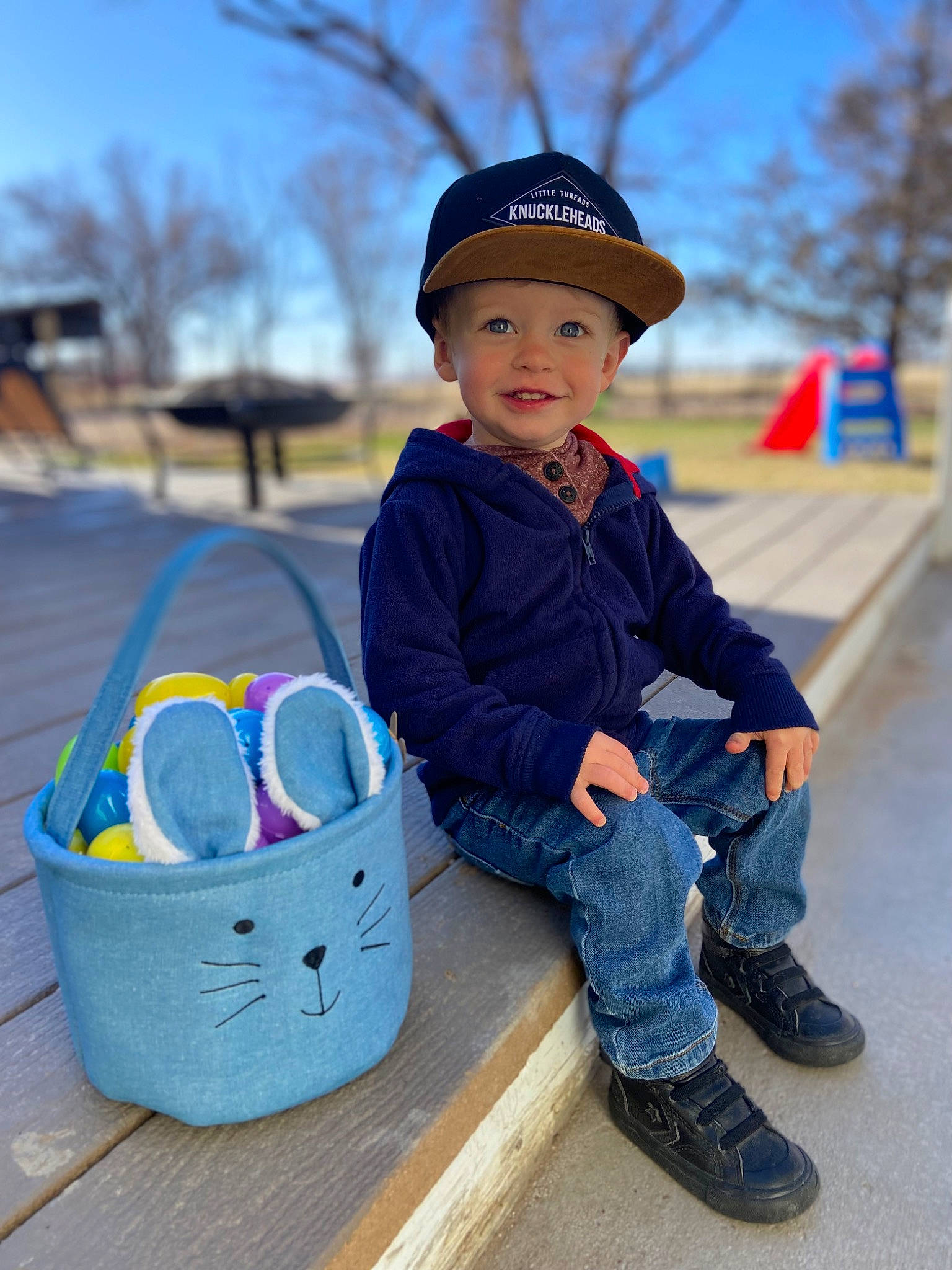 Luke joined the competition — help win amazing prizes! basket, blue, cap, electric_blue, eye, flower_girl_basket, fun, happy, headwear, joy, leisure, people, person, picnic_basket, plant, public_space, shoe, sky, sleeve, smile