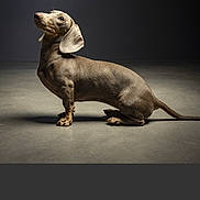 Gisèle a rejoint le concours — aidez-le/la à gagner de superbes lots ! dog, dachshund, pet, animal, studio, portrait, lighting, shadow, brown, smooth_coat, floor, minimalist, side_view, canine, domestic_animal, short_legs, long_body, ears, indoor, still_life