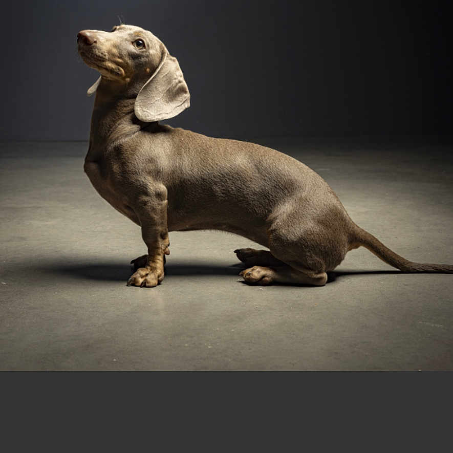 Gisèle a rejoint le concours — aidez-le/la à gagner de superbes lots ! dog, dachshund, pet, animal, studio, portrait, lighting, shadow, brown, smooth_coat, floor, minimalist, side_view, canine, domestic_animal, short_legs, long_body, ears, indoor, still_life