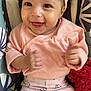Sophia a rejoint le concours — aidez-le/la à gagner de superbes lots ! baby, smiling, headband, pink_clothing, infant, sitting, happy, face, cute, child, patterned_pants, blanket, cushion, indoor, closeup, baby_seat, funny_face, human, portrait, young_child