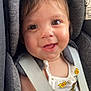 Sophia a rejoint le concours — aidez-le/la à gagner de superbes lots ! baby, child, smiling, car_seat, seatbelt, clothing, yellow, white, flower_pattern, face, portrait, infant, cute, happy, safety, straps, skin, head, eyes, mouth