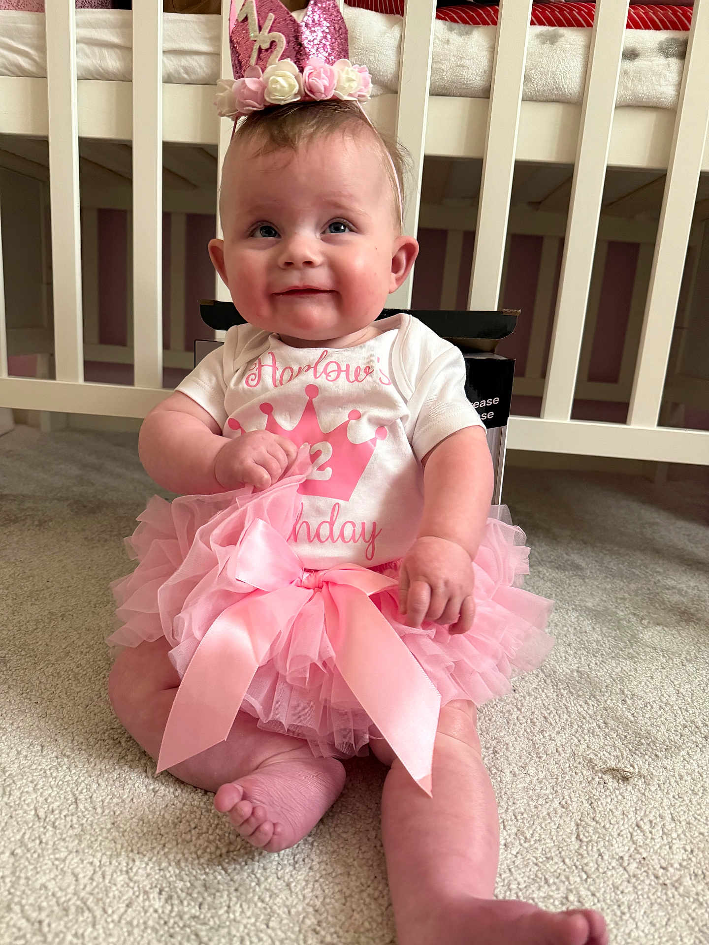 Harlow is registered to the contest to win money with this photo: baby, infant, tutu, pink, birthday, half_birthday, crown, smile, carpet, crib, sitting, cute, child, celebration, dress, ribbon, flower, indoor, person, happy