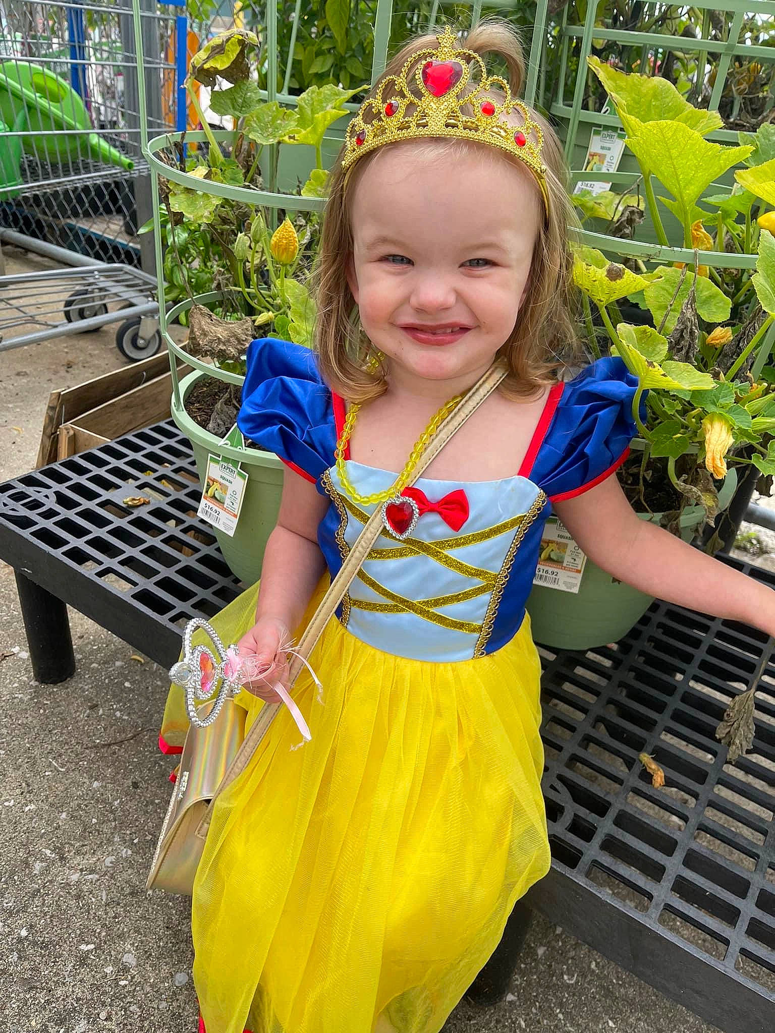 Emersyn is registered to the contest to win money with this photo: baby_toddler_clothing, botany, child, face, facial_expression, flower, fun, grass, happy, joy, leaf, leisure, people_in_nature, person, photograph, pink, plant, shopping_cart, smile, snapshot