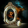 animal, blurred_background, brown_dog, cute, decorative, dog, figurine, furniture, indoor, mirror, name, ornate, pet, portrait, reflection, small_dog, still_life, table, text_overlay, vintage