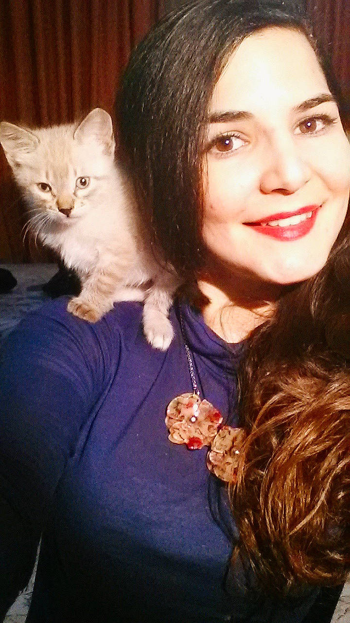 Bianco a rejoint le concours — aidez-le/la à gagner de superbes lots ! brown_hair, cat, cat_like_mammal, cheek, eye, fur, girl, hair, hairstyle, human_hair_color, joy, kitten, mammal, organ, person, selfie, skin, small_to_medium_sized_cats, smile, snapshot