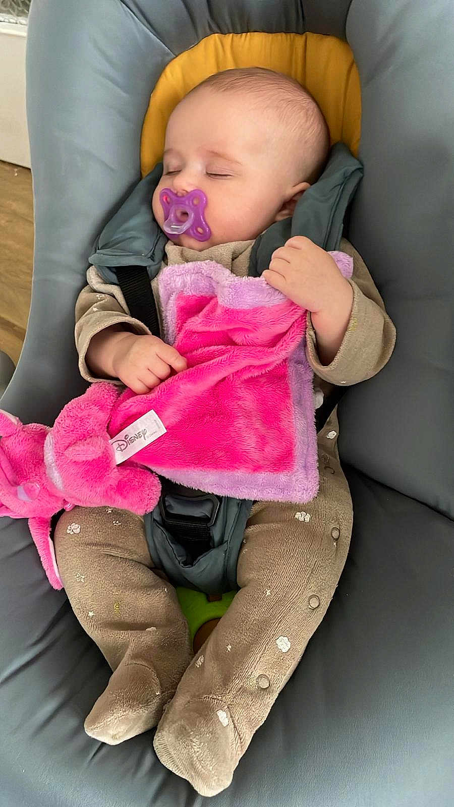 Nélya participe au concours pour gagner de l'argent avec cette photo : baby, sleeping, pacifier, plush_toy, blanket, car_seat, clothing, footed_pajamas, infant, child, cute, peaceful, indoor, soft_toys, comfort, resting, pink, purple, toddler, seatbelt