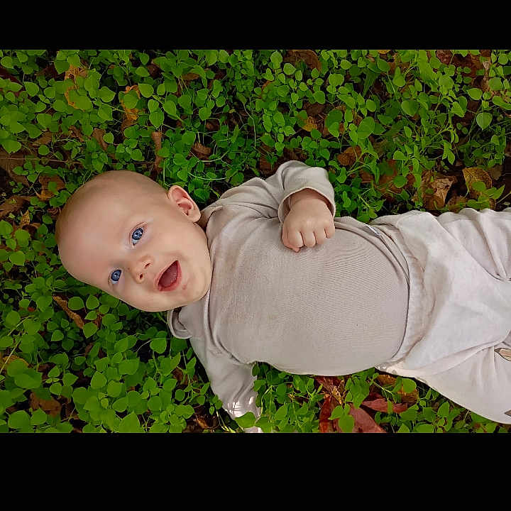 Vincent is registered to the contest to win money with this photo: baby, baby_boy, baby_girl, beige_outfit, blue_eyes, child, clothing, cute, greenery, hand, happy, head, infant, leaves, lying_down, nature, outdoor, person, skin, smiling