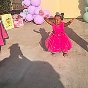 Tey is registered to the contest to win money with this photo: balloons, banner, birthday, celebration, child, concrete, decorations, festive, gift_bags, happy, outdoor, party, person, pink_dress, rocks, shadows, smiling, sunlight, tiara, toddler