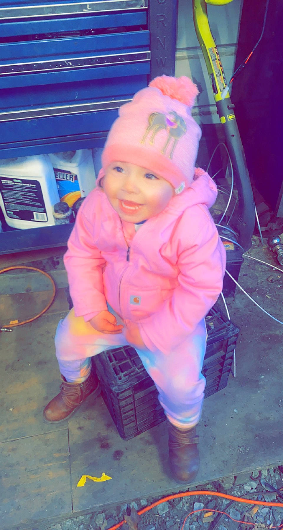 Lylah is registered to the contest to win money with this photo: baby, boot, child, electric_blue, entertainment, event, fun, happy, hat, headwear, human_body, joy, leisure, magenta, person, personal_protective_equipment, pink, purple, recreation, shoe