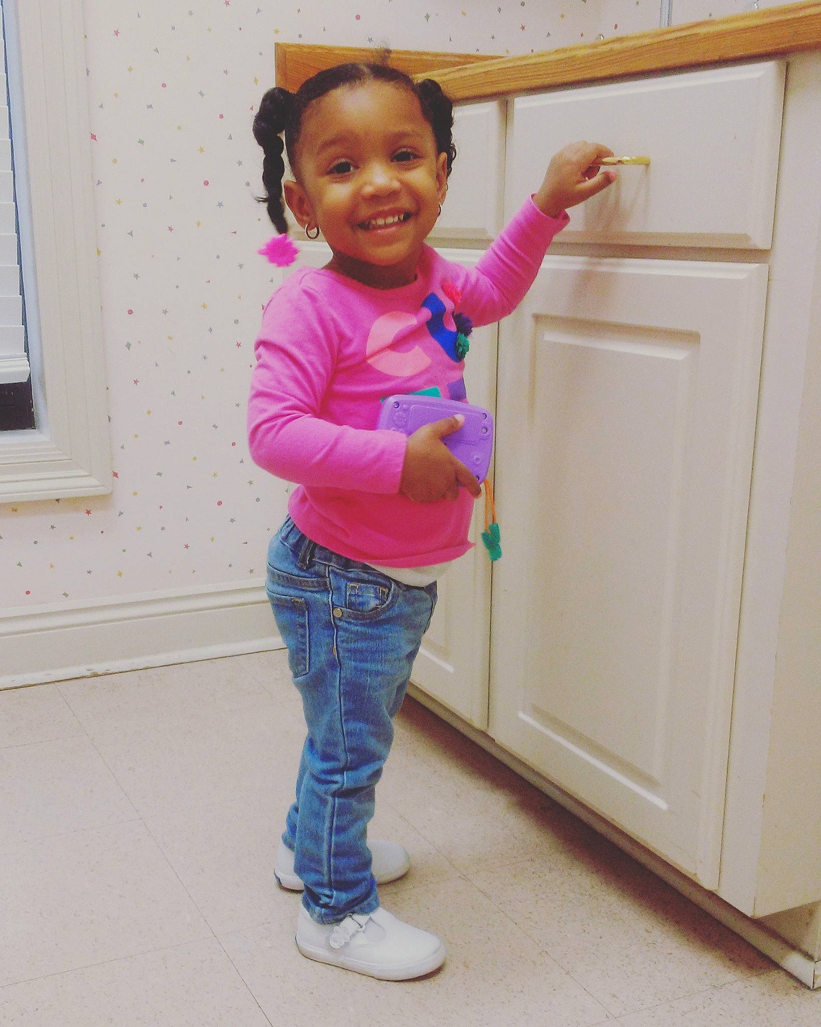 Morghan joined the competition — help win amazing prizes! child, fun, jeans, joy, person, pink, play, shoulder, smile, standing, toddler