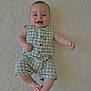 baby, barefoot, blanket, blue_eyes, buttoned, casual_wear, checkered_clothing, child, cute, happy, indoors, infant, lying_down, one_person, portrait, romper, skin, smiling, texture, young_child