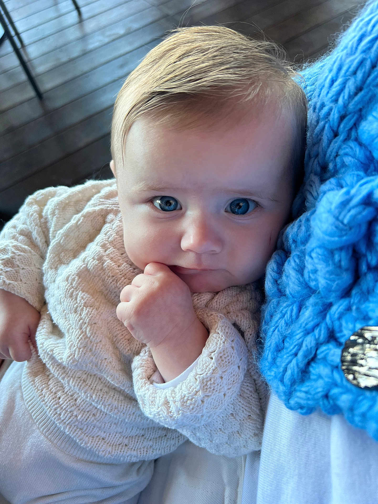 Charlie participe au concours pour gagner de l'argent avec cette photo : baby, infant, blue_eyes, cream_sweater, knit_blanket, portrait, close_up, hand, fingers, cheeks, gaze, indoors, wooden_floor, soft_texture, chunky_knit, blue_color, cute, cozy, skin, clothing