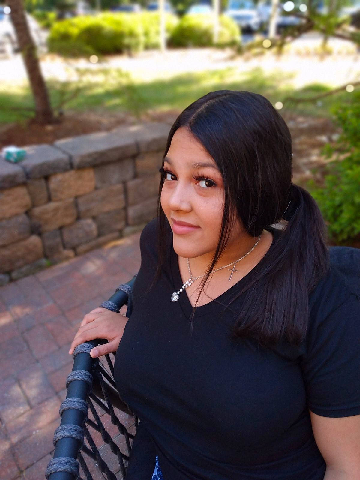 Jayla is registered to the contest to win money with this photo: audio_equipment, black_hair, brown_hair, electric_blue, event, flash_photography, grass, happy, jewellery, joy, layered_hair, leisure, long_hair, necklace, person, plant, sitting, sleeve, smile, thigh