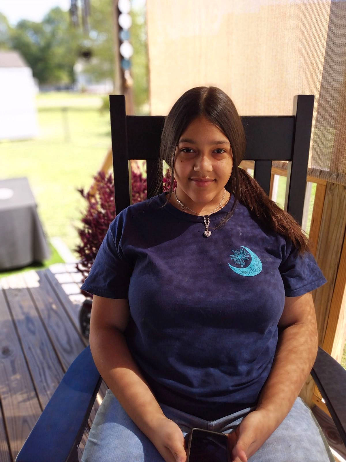 Jayla joined the competition — help win amazing prizes! abdomen, belt, black_hair, chair, chest, elbow, electric_blue, happy, jewellery, joy, leisure, long_hair, necklace, person, plant, sitting, sleeve, smile, thigh, trunk