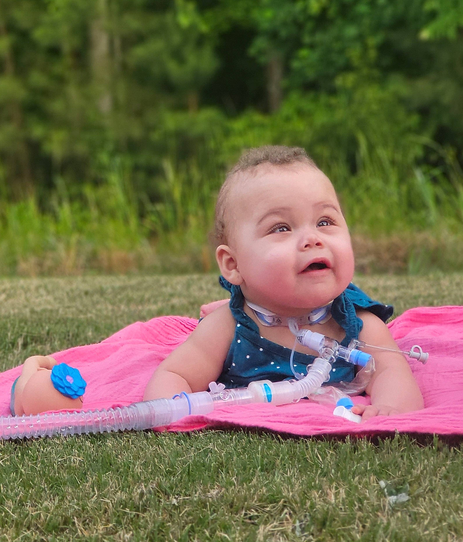 Paris is registered to the contest to win money with this photo: baby, baby_products, baby_toddler_clothing, cheek, child, fun, grass, grassland, happy, leisure, magenta, meadow, people_in_nature, person, plant, portrait_photography, recreation, sitting, toddler, tree