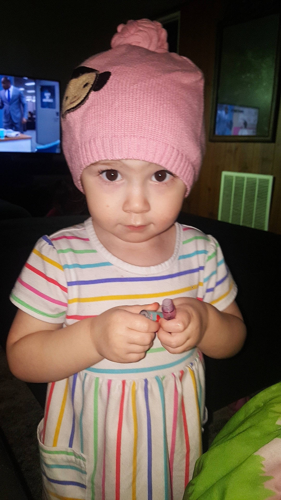 Liliana is registered to the contest to win money with this photo: baby, beanie, bonnet, cap, cheek, child, cool, eye, forehead, hat, headgear, knit_cap, lip, person, pink, smile, toddler