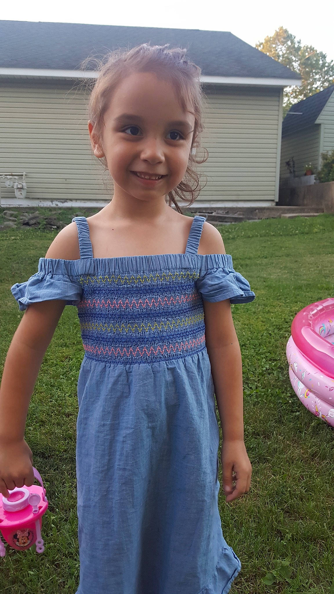 Patience joined the competition — help win amazing prizes! baby_toddler_clothing, backyard, child, clothing, denim, dress, grass, joy, pattern, person, shoulder, smile, summer, textile, toddler, yard