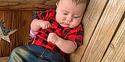 Nero joined the competition — help win amazing prizes! baby, child, wooden_bench, red_shirt, jeans, barefoot, baby_bottle, fishing_rods, wooden_wall, porch, outdoor, casual, sitting, cute, infant, curly_hair, relaxed, daylight, plush, home