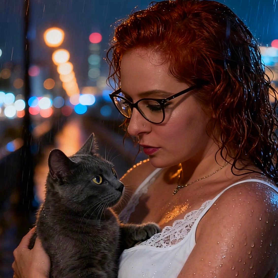 Grisouille a rejoint le concours — aidez-le/la à gagner de superbes lots ! woman, cat, rain, night, glasses, red_hair, streetlight, wet_skin, white_top, bokeh, urban, portrait, animal, pet, holding, moody, outdoor, face, glowing, intimate