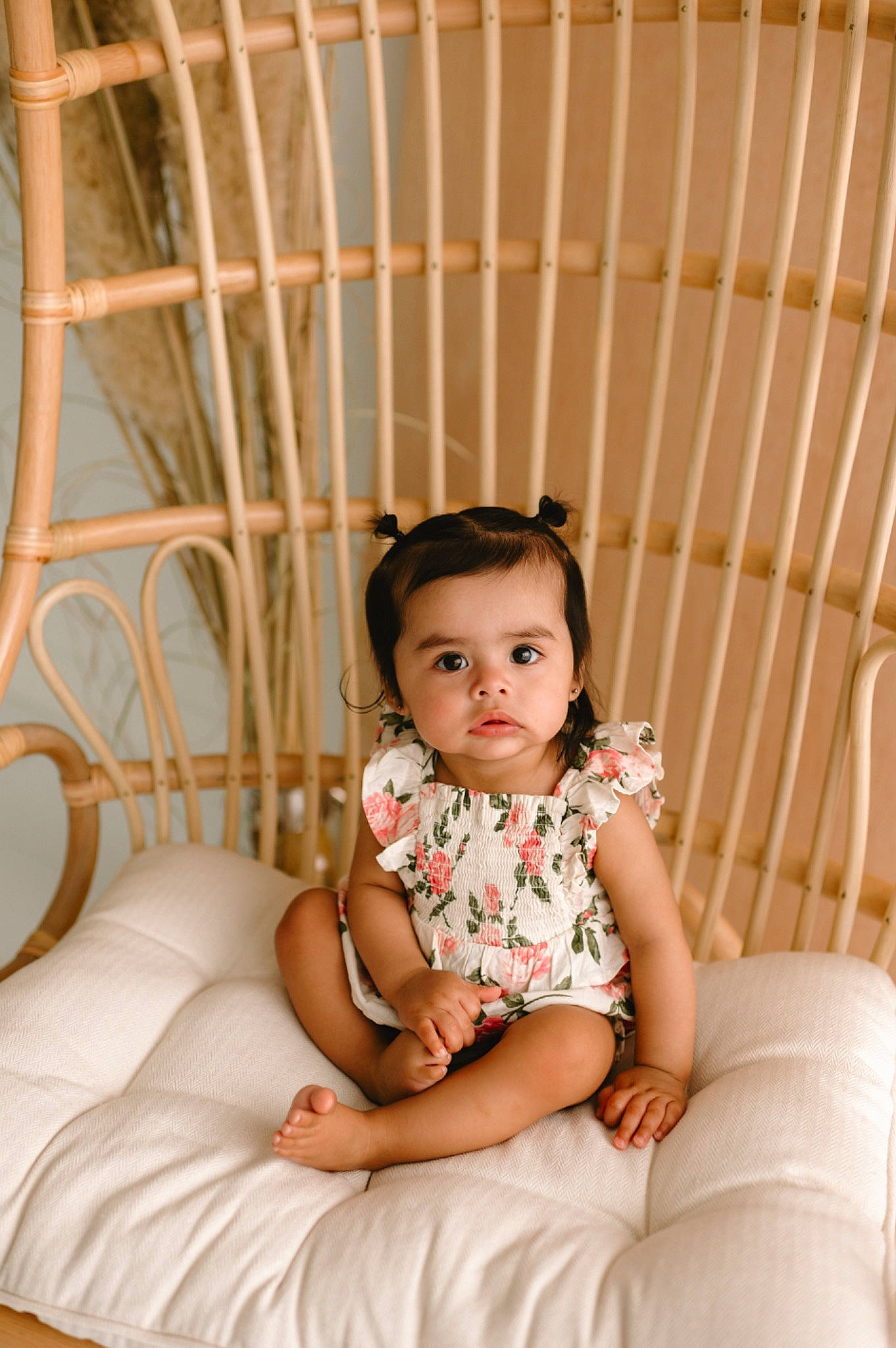 Ameliya is registered to the contest to win money with this photo: baby, baby_toddler_clothing, brown_hair, child, collar, comfort, day_dress, dress, embellishment, eye, flash_photography, happy, pattern, peach, person, sitting, skin, sleeve, textile, toddler