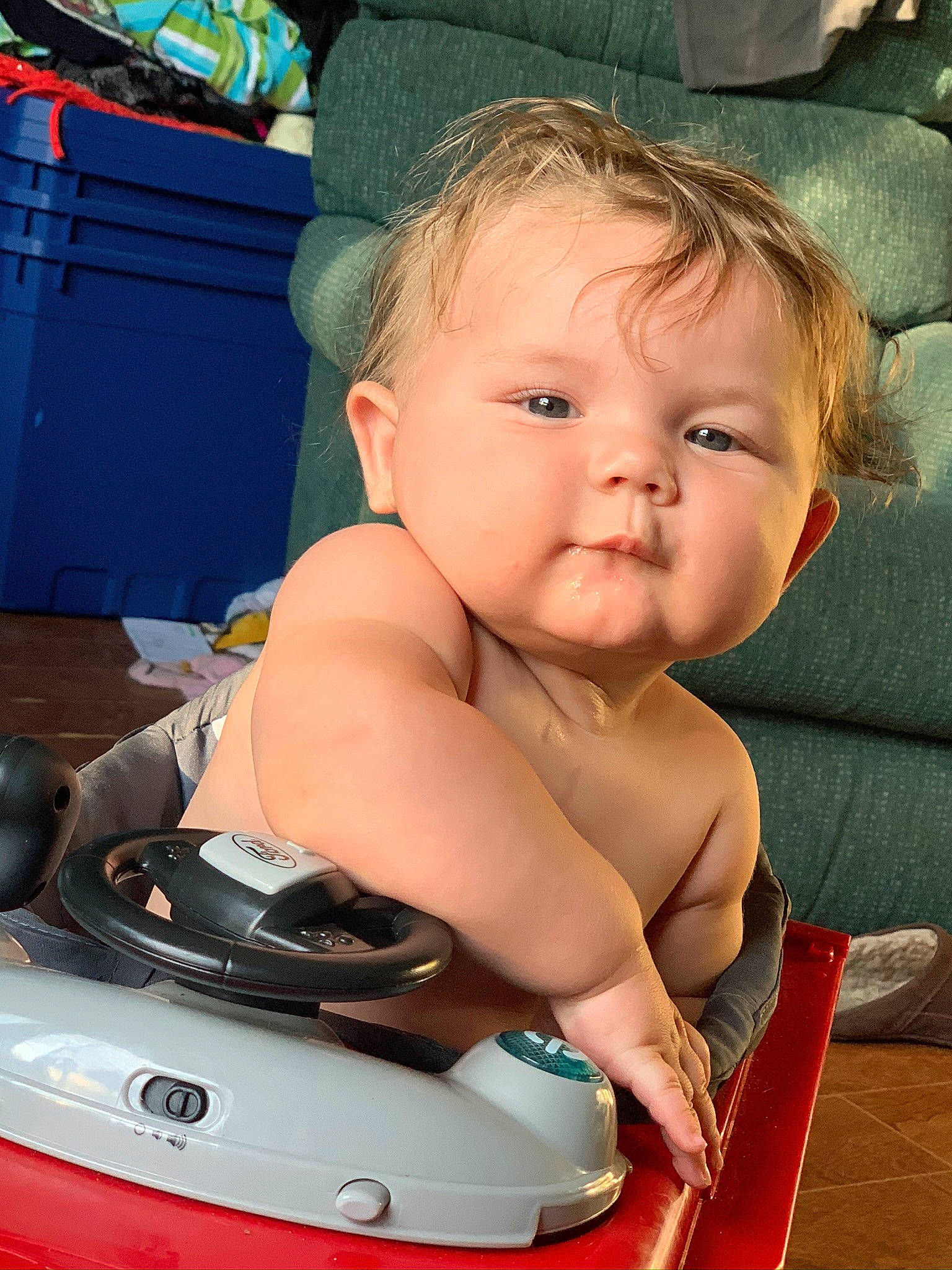 Alekzander is registered to the contest to win money with this photo: baby, baby_products, baby_toddler_clothing, balance, bumper, child, comfort, couch, person, riding_toy, toddler