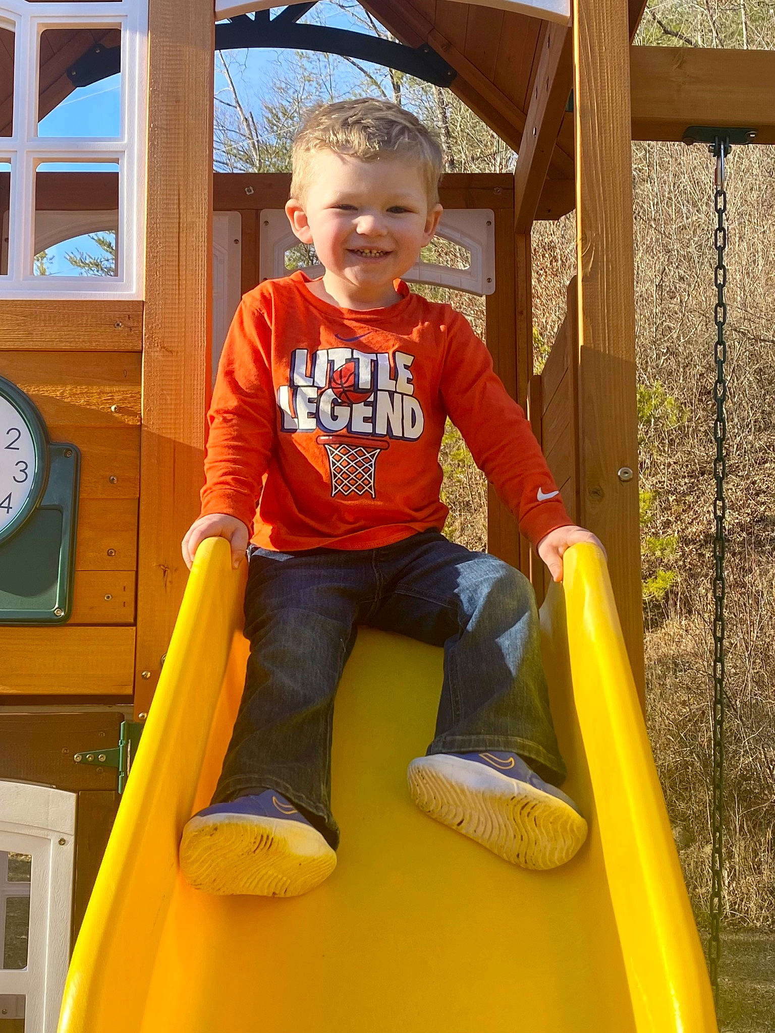 Kashton joined the competition — help win amazing prizes! child, chute, city, clock, fun, happy, joy, leisure, outdoor_play_equipment, people, person, playground, playground_slide, public_space, recreation, sleeve, smile, standing, t_shirt, toddler