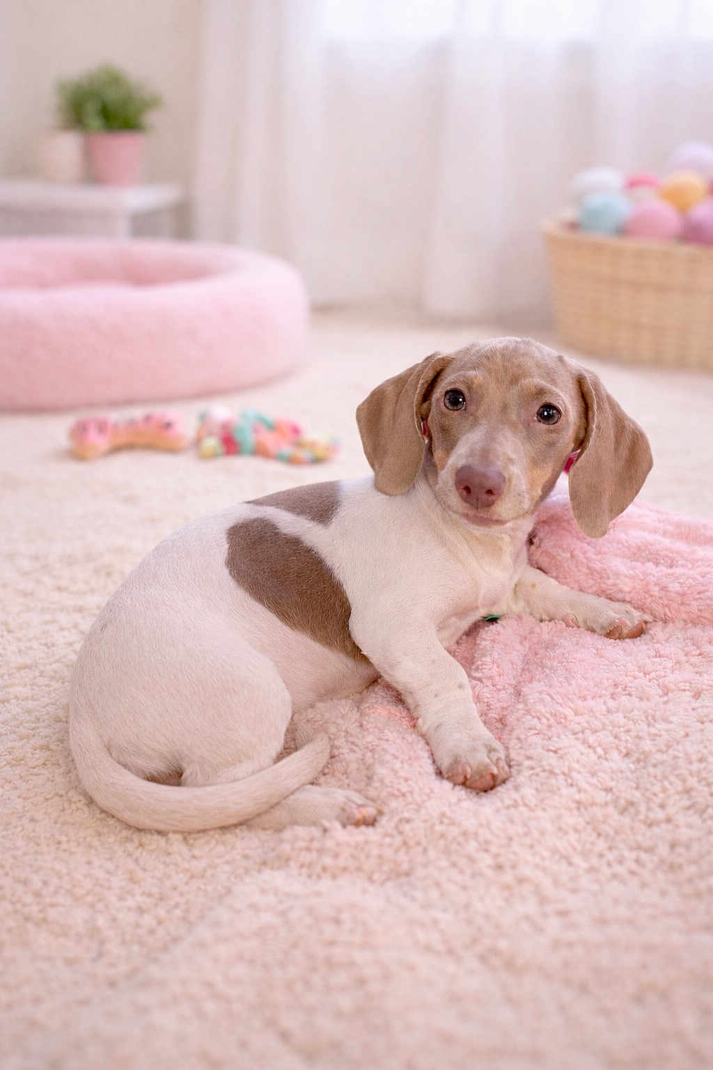 Harlow is registered to the contest to win money with this photo: dog, puppy, dachshund, pet, cute, pink, blanket, carpet, plush_bed, toy, basket, indoor, soft_texture, fur, ears, nose, whiskers, looking_at_camera, lying_down, cozy