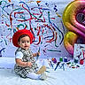 Gemma joined the competition — help win amazing prizes! toddler, child, painting, art, paintbrush, beret, red_hat, balloon, number_8, colorful, abstract_art, smiling, sitting, creativity, canvas, paint_pots, palette, white_background, indoors, playful
