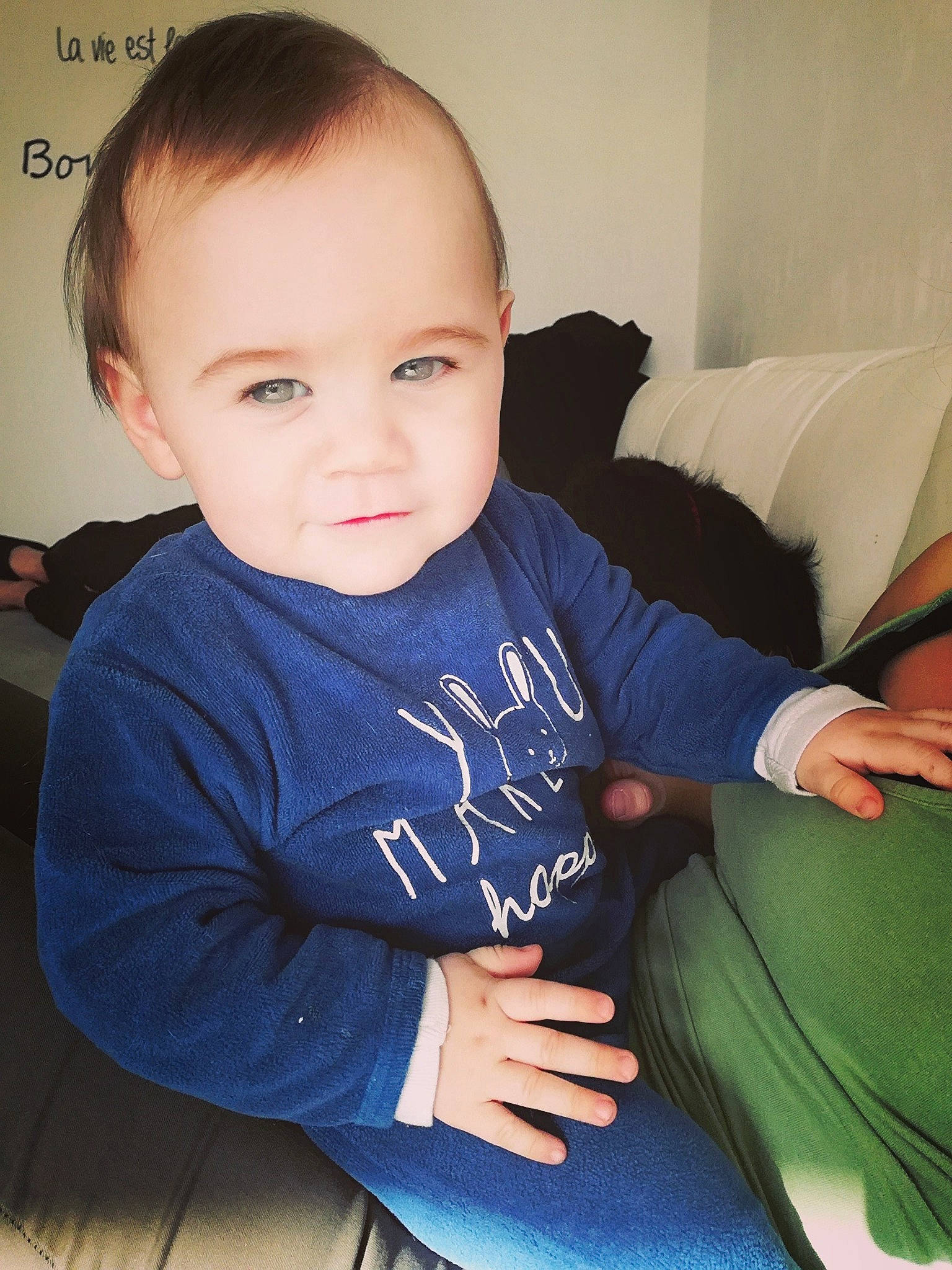 Loràn participe au concours pour gagner de l'argent avec cette photo : arm, baby, baby_products, cheek, child, chin, eye, face, finger, head, leg, lip, person, product, sitting, skin, sleeve, smile, t_shirt, toddler