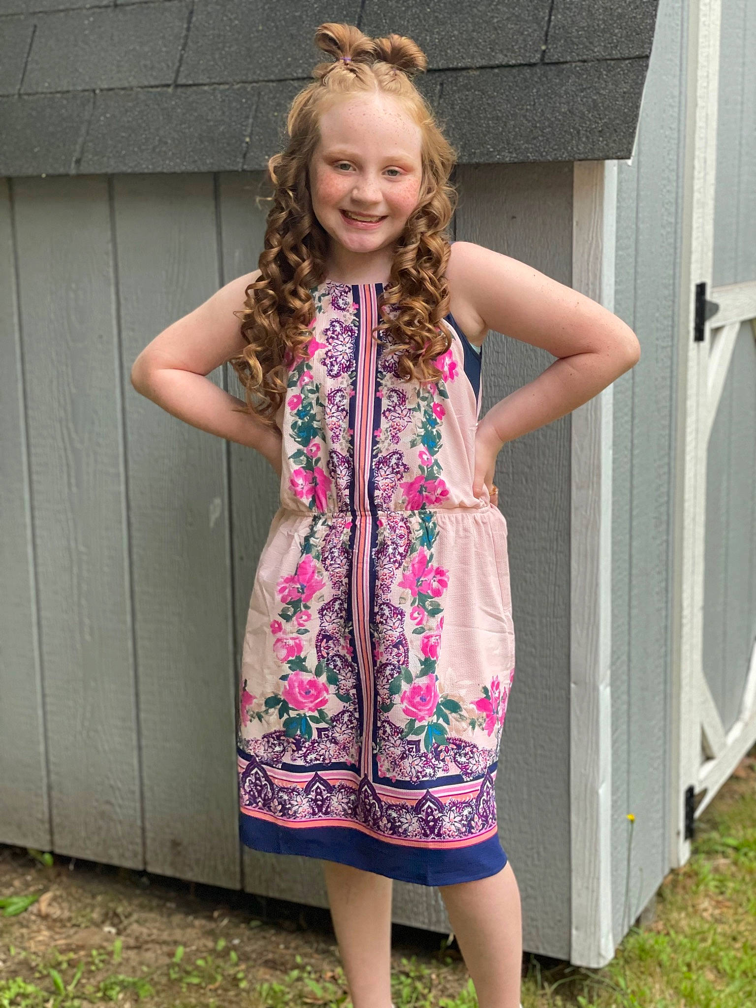 Ellery is registered to the contest to win money with this photo: clothing, day_dress, dress, face, grass, human_body, joy, leg, neck, one_piece_garment, person, photograph, pink, plant, purple, shoulder, sleeve, smile, street_fashion, summer