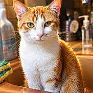 Pascaline a rejoint le concours — aidez-le/la à gagner de superbes lots ! cat, orange_cat, white_cat, tabby, pet, animal, feline, portrait, close_up, sitting, green_eyes, whiskers, ears, fur, kitchen, sink, faucet, countertop, soap_dispenser, sponge