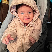 Gohana participe au concours pour gagner de l'argent avec cette photo : baby, child, hooded_jacket, quilted_clothing, car_seat, smiling, happy, indoor, closeup, face, young_child, warm_clothing, infant, person, cute, portrait, seated, comfort, jacket, hood